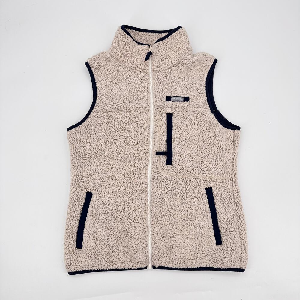 Columbia Women's Mountainside Sherpa Fleece Vest Small Cream Navy Full Zip